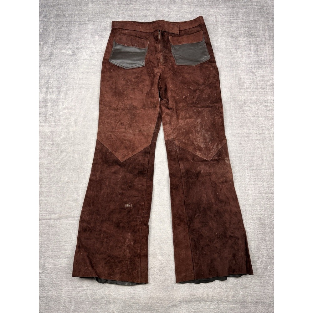 Vtg 60s 70s Suede Leather Pants Mens 30x30 Brown Flared‎ Disco Hippie Handmade